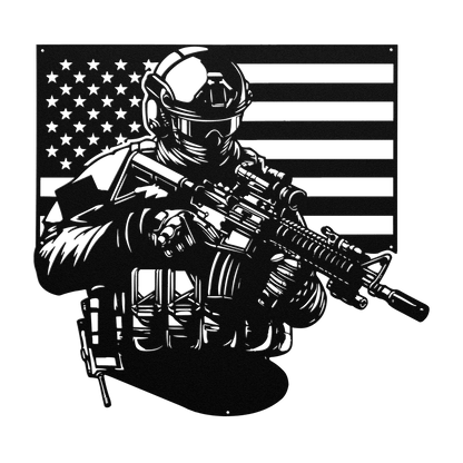 US Soldier With American Flag Metal Wall Art - MAIKERU STUDIO