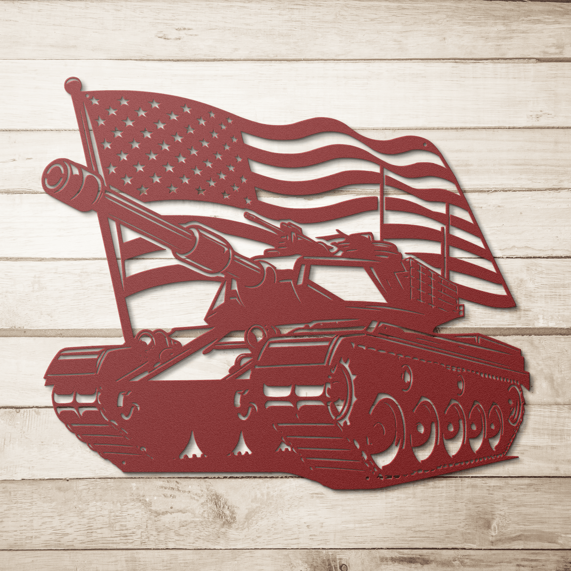 US Tank With American Flag Metal Wall Art - MAIKERU STUDIO