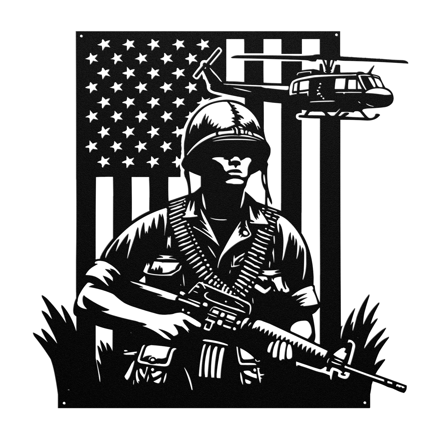 Vietnam War Tribute Metal Wall Art | Huey & Soldier With American flag - MAIKERU STUDIO