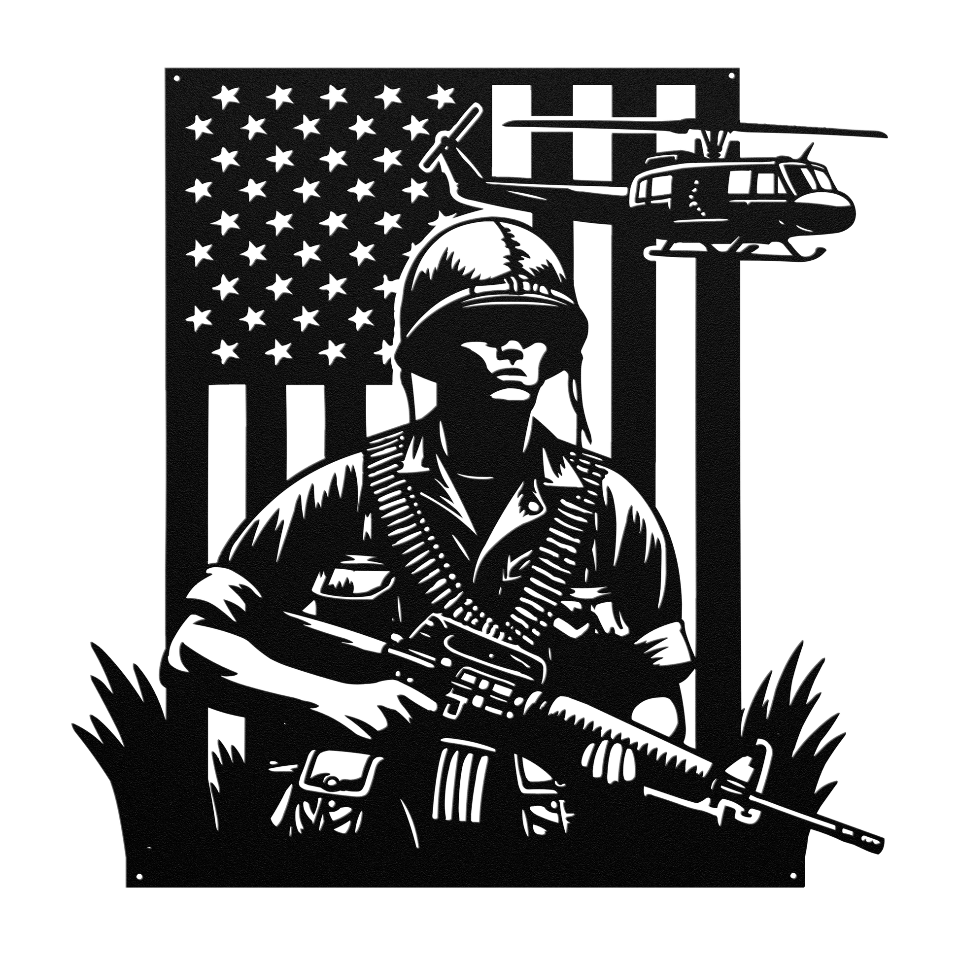 Vietnam War Tribute Metal Wall Art | Huey & Soldier With American flag - MAIKERU STUDIO