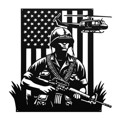 Vietnam War Tribute Metal Wall Art | Huey & Soldier With American flag - MAIKERU STUDIO