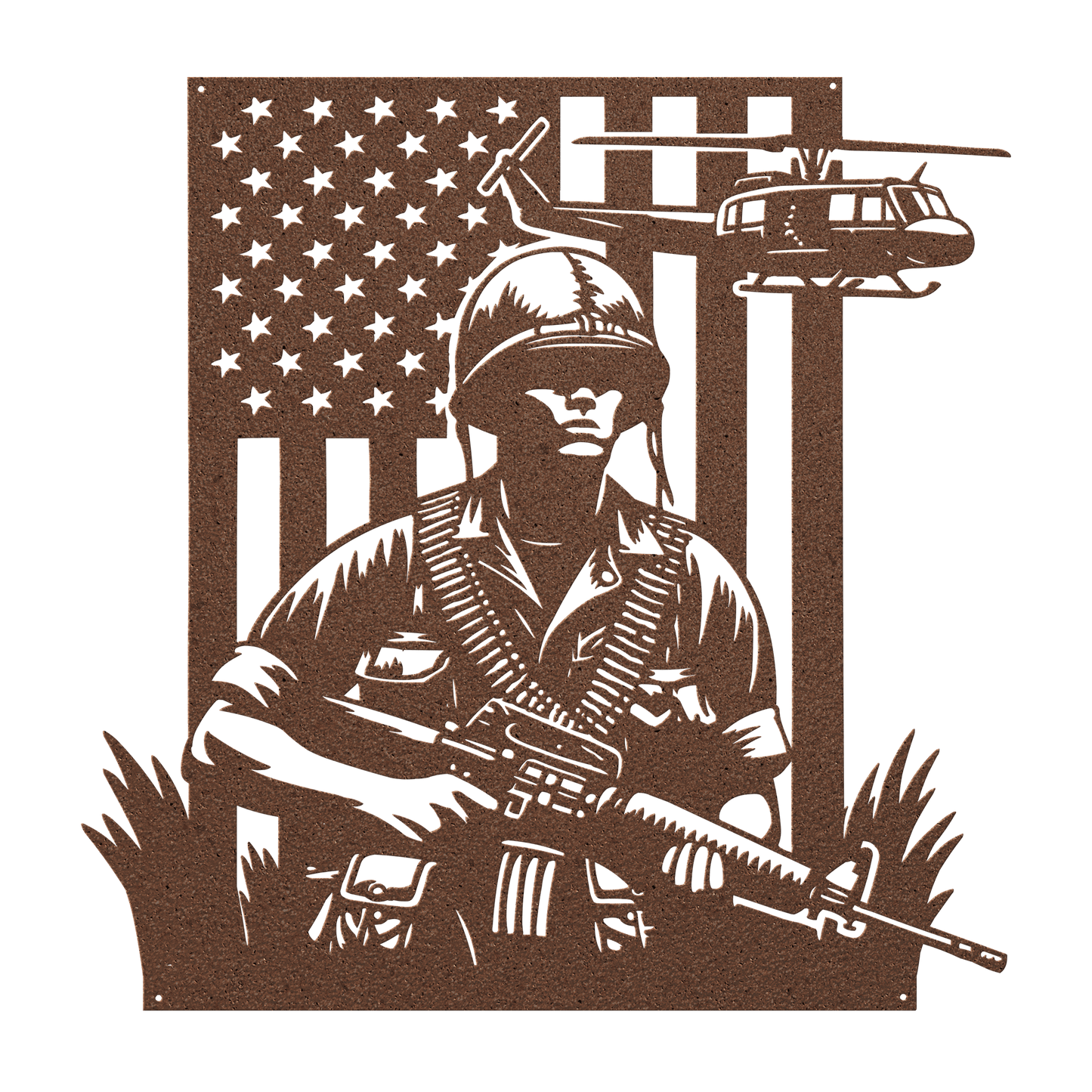 Vietnam War Tribute Metal Wall Art | Huey & Soldier With American flag - MAIKERU STUDIO