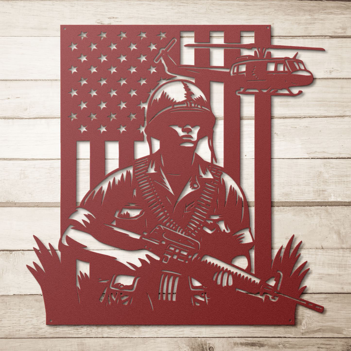 Vietnam War Tribute Metal Wall Art | Huey & Soldier With American flag - MAIKERU STUDIO