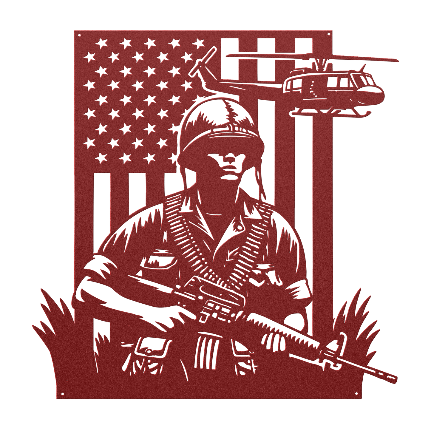 Vietnam War Tribute Metal Wall Art | Huey & Soldier With American flag - MAIKERU STUDIO