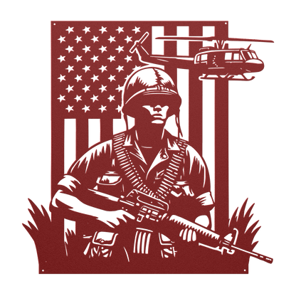 Vietnam War Tribute Metal Wall Art | Huey & Soldier With American flag - MAIKERU STUDIO