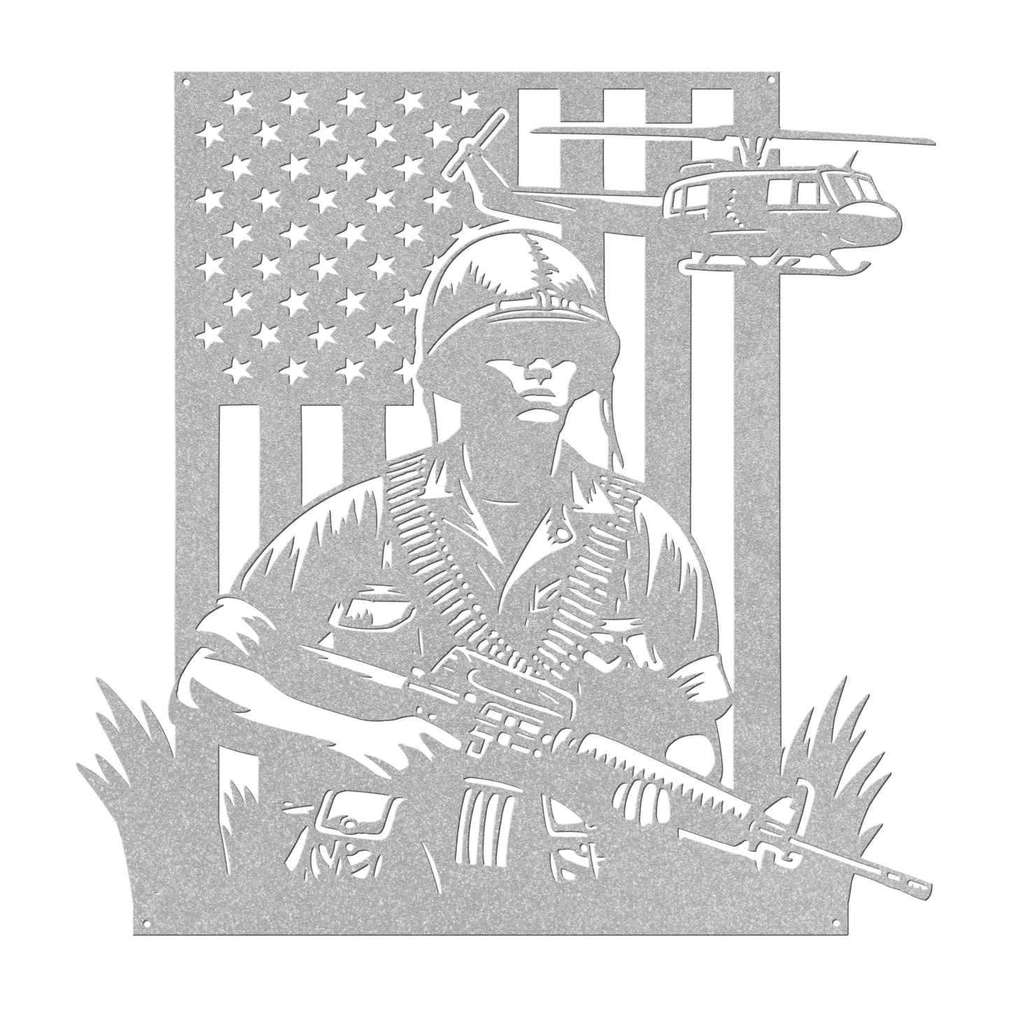 Vietnam War Tribute Metal Wall Art | Huey & Soldier With American flag - MAIKERU STUDIO