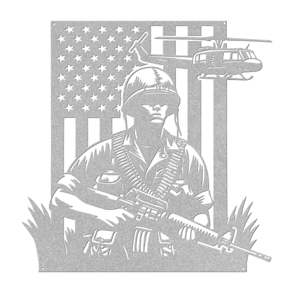 Vietnam War Tribute Metal Wall Art | Huey & Soldier With American flag - MAIKERU STUDIO