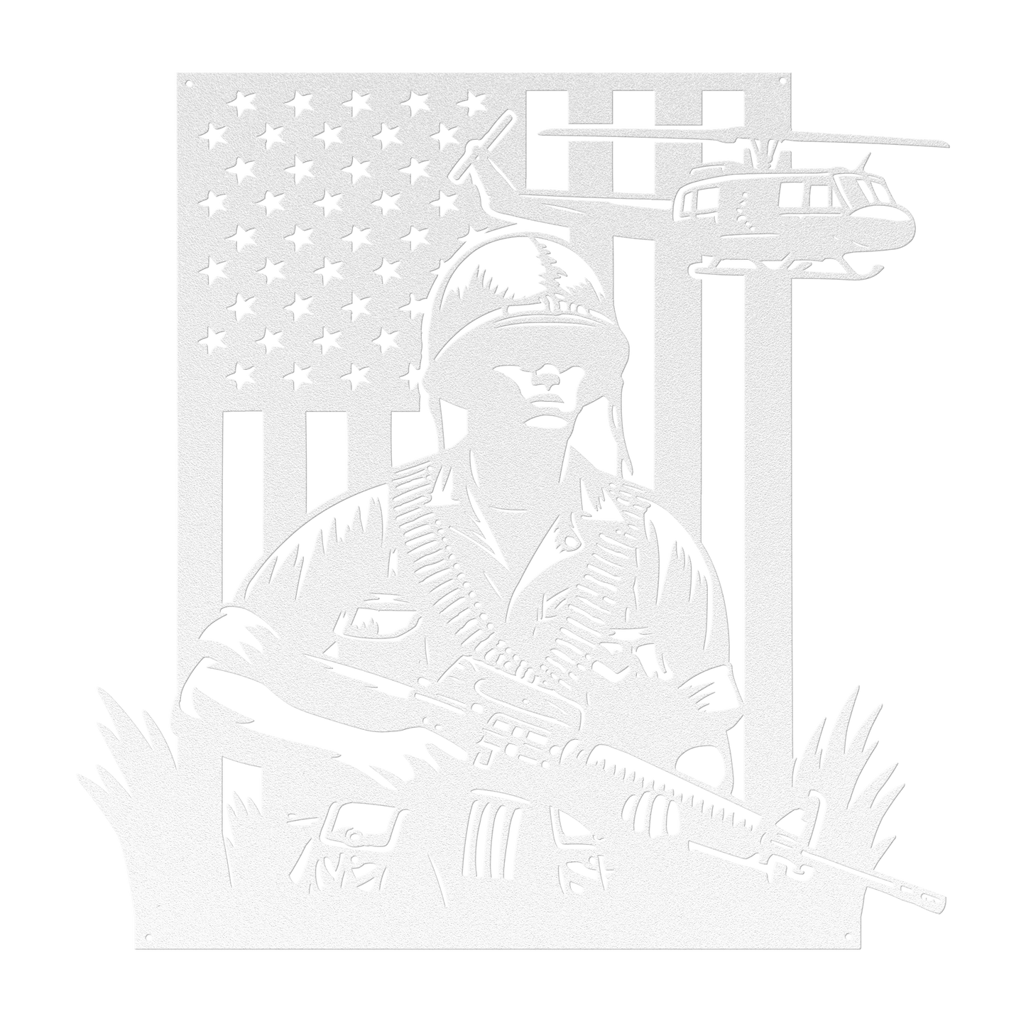Vietnam War Tribute Metal Wall Art | Huey & Soldier With American flag - MAIKERU STUDIO
