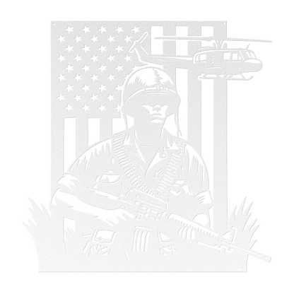 Vietnam War Tribute Metal Wall Art | Huey & Soldier With American flag - MAIKERU STUDIO