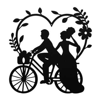 Wedding Heart With Couple On Bicycle Metal Wall Art - MAIKERU STUDIO