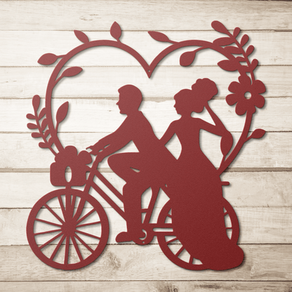 Wedding Heart With Couple On Bicycle Metal Wall Art - MAIKERU STUDIO