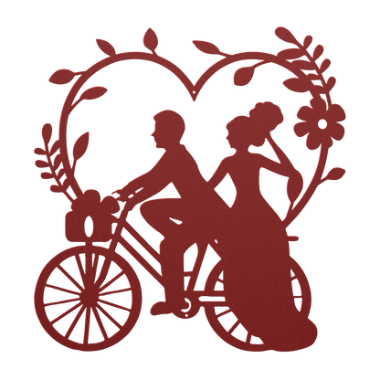 Wedding Heart With Couple On Bicycle Metal Wall Art - MAIKERU STUDIO