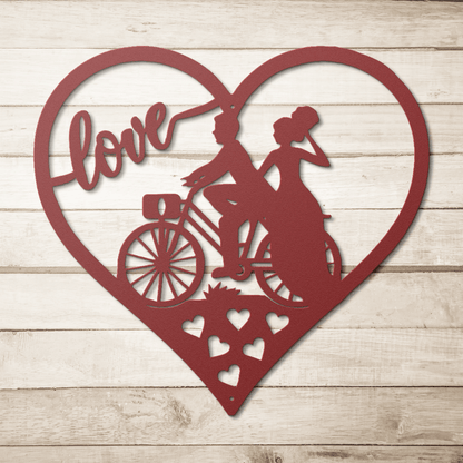 Wedding Love heart With Couple On Bicycle Metal Wall Art - MAIKERU STUDIO