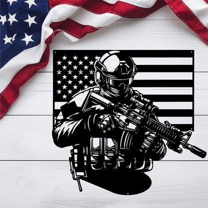 US Soldier With American Flag Metal Wall Art - MAIKERU STUDIO