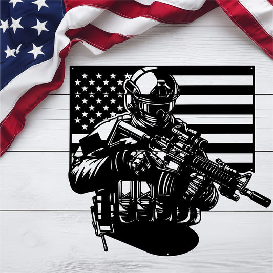 US Soldier With American Flag Metal Wall Art - MAIKERU STUDIO