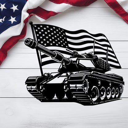 US Tank With American Flag Metal Wall Art - MAIKERU STUDIO
