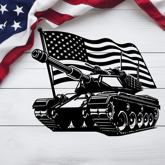 US Tank With American Flag Metal Wall Art - MAIKERU STUDIO