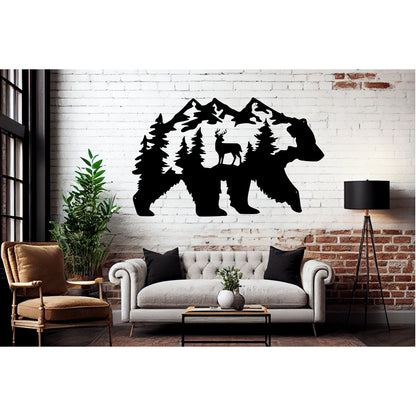Bear With Deer Mountain Scene Metal Wall Art - MAIKERU STUDIO