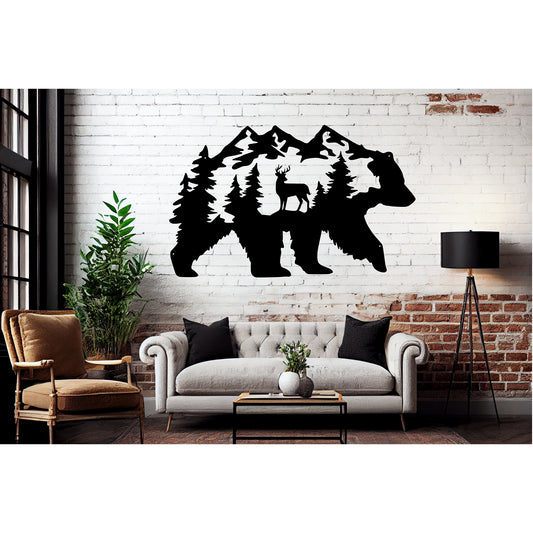 Bear With Deer Mountain Scene Metal Wall Art - MAIKERU STUDIO