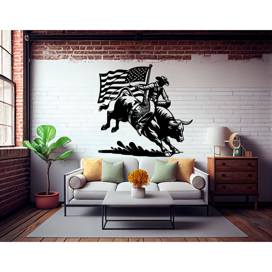 American Bull Rider With Flag Metal Wall Art - Western Rodeo Patriot Decor - MAIKERU STUDIO