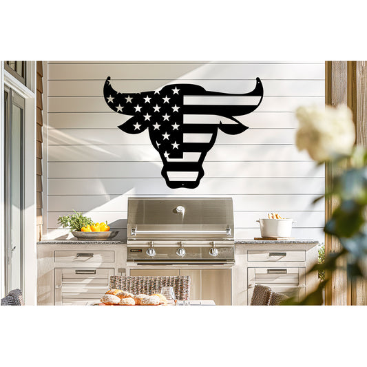 Bulls Head With American Flag Metal Wall Art - MAIKERU STUDIO