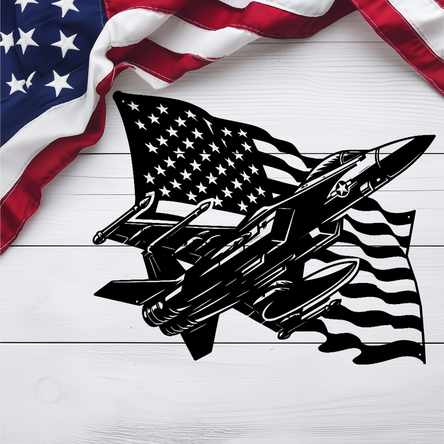 US Fighter Jet With American Flag Metal Wall Art - MAIKERU STUDIO