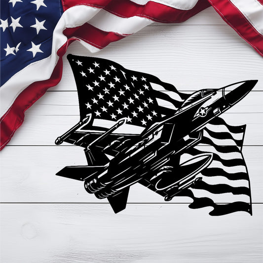 US Fighter Jet With American Flag Metal Wall Art - MAIKERU STUDIO