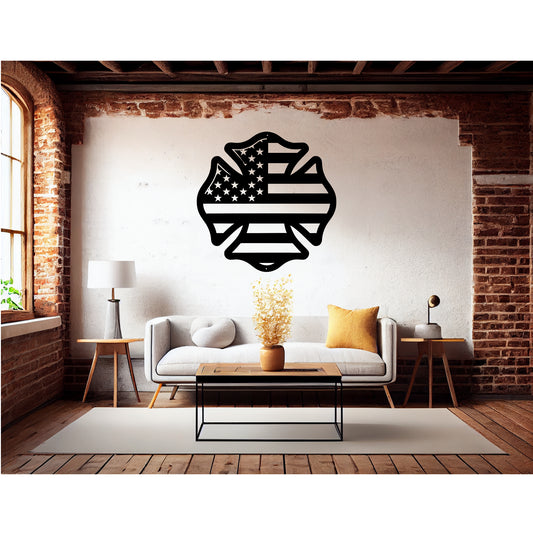 US Firefighters Maltese Cross With American Flag Metal Wall Art - MAIKERU STUDIO