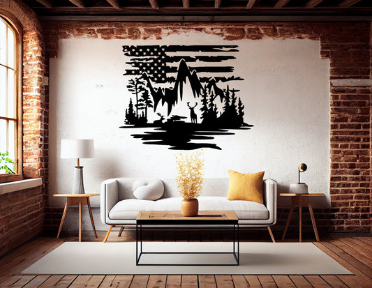 US Deer mountain Scene With American Flag Metal Wall Art - MAIKERU STUDIO