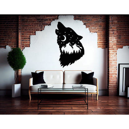 Wolf Howling With Nighttime Mountain Scene Metal Wall Art - MAIKERU STUDIO