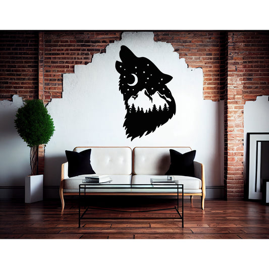 Wolf Howling With Nighttime Mountain Scene Metal Wall Art - MAIKERU STUDIO
