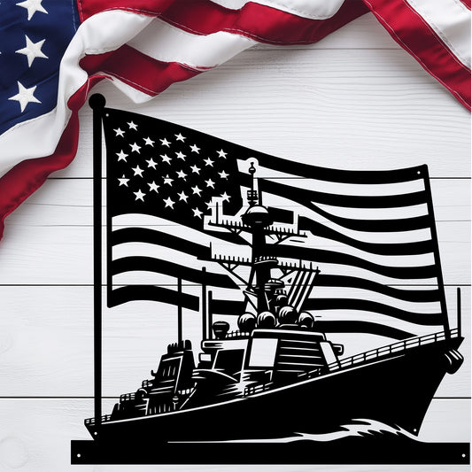US Navy Ship With American Flag Metal Wall Art - MAIKERU STUDIO
