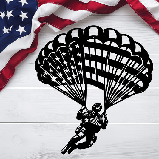 Paratrooper Jump Metal Wall Art | American Flag Airborne Tribute - MAIKERU STUDIO