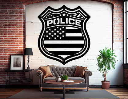 Police Shield Metal Wall Art | American Flag First Responder Tribute - MAIKERU STUDIO