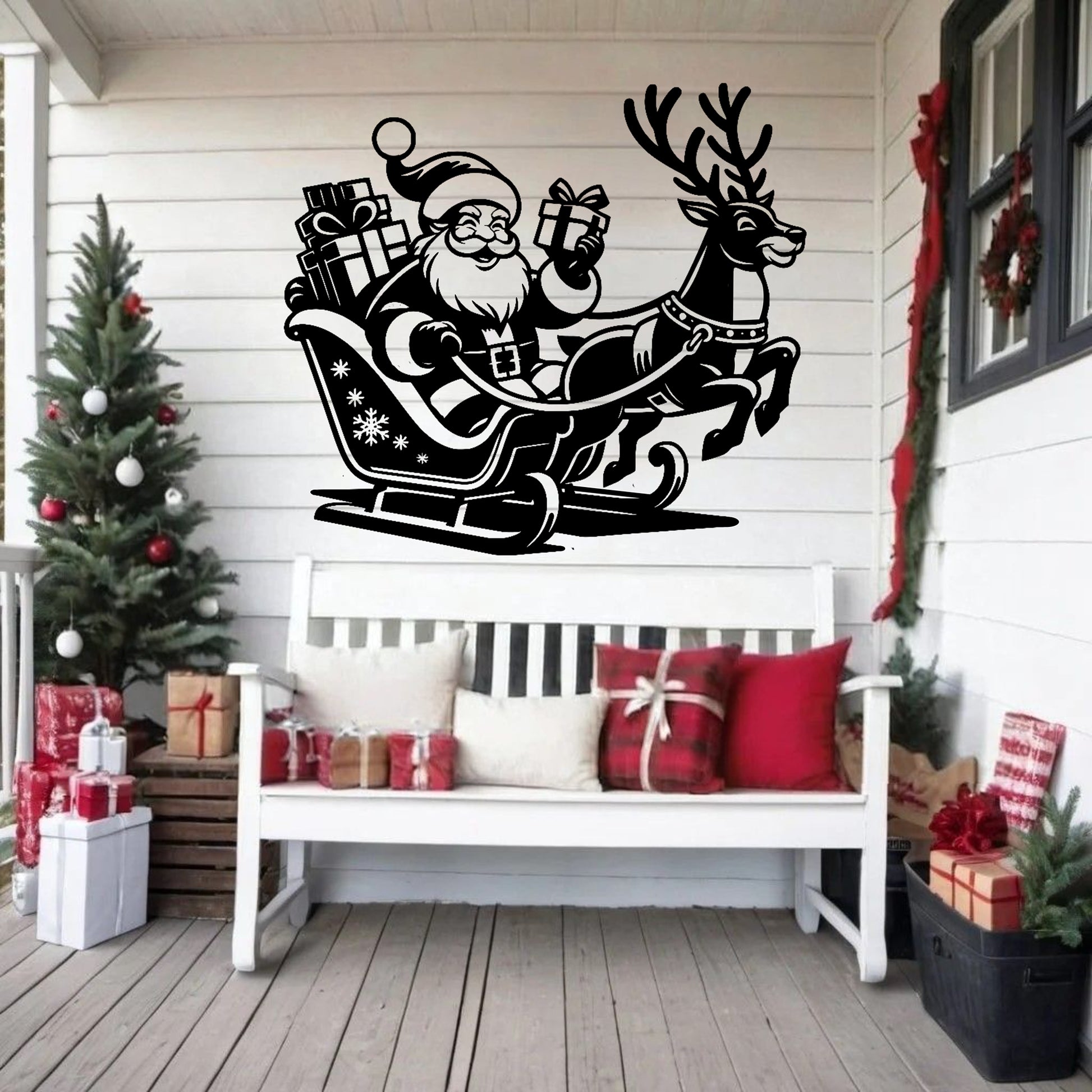 Santa Claus In Sleigh With Reindeer Metal Wall Art - MAIKERU STUDIO