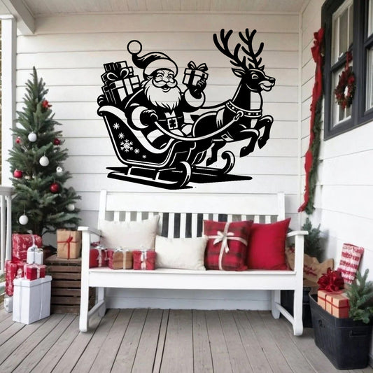 Santa Claus In Sleigh With Reindeer Metal Wall Art - MAIKERU STUDIO