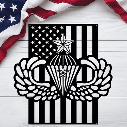 Senior Parachutist Wings With Combat Star | American Flag Tribute - MAIKERU STUDIO