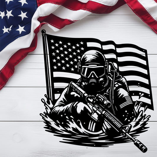 Navy SEAL Frogman Metal Wall Art | Elite Special Forces American Flag Tribute - MAIKERU STUDIO