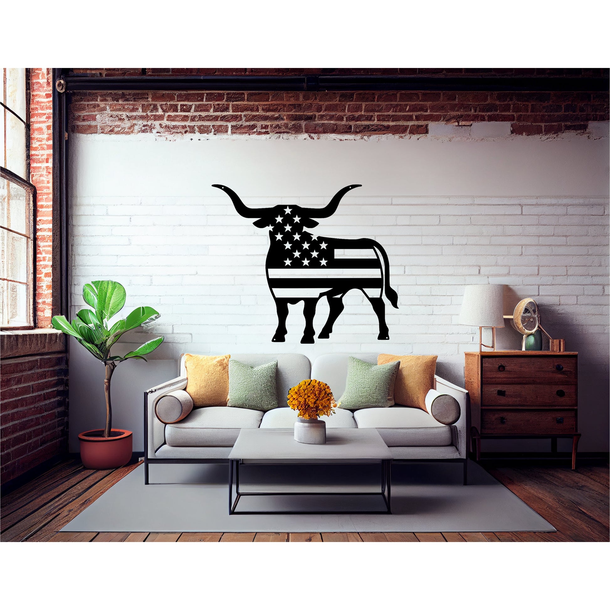 Longhorn Bull With American Flag - MAIKERU STUDIO