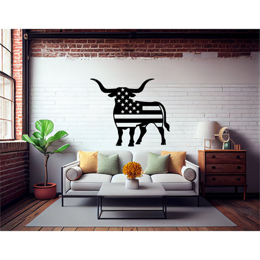 Longhorn Bull With American Flag - MAIKERU STUDIO