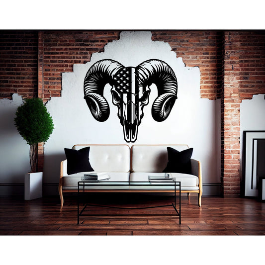 Patriotic Ram Skull Metal Wall Art | Rustic Ranch Strength Tribute - MAIKERU STUDIO
