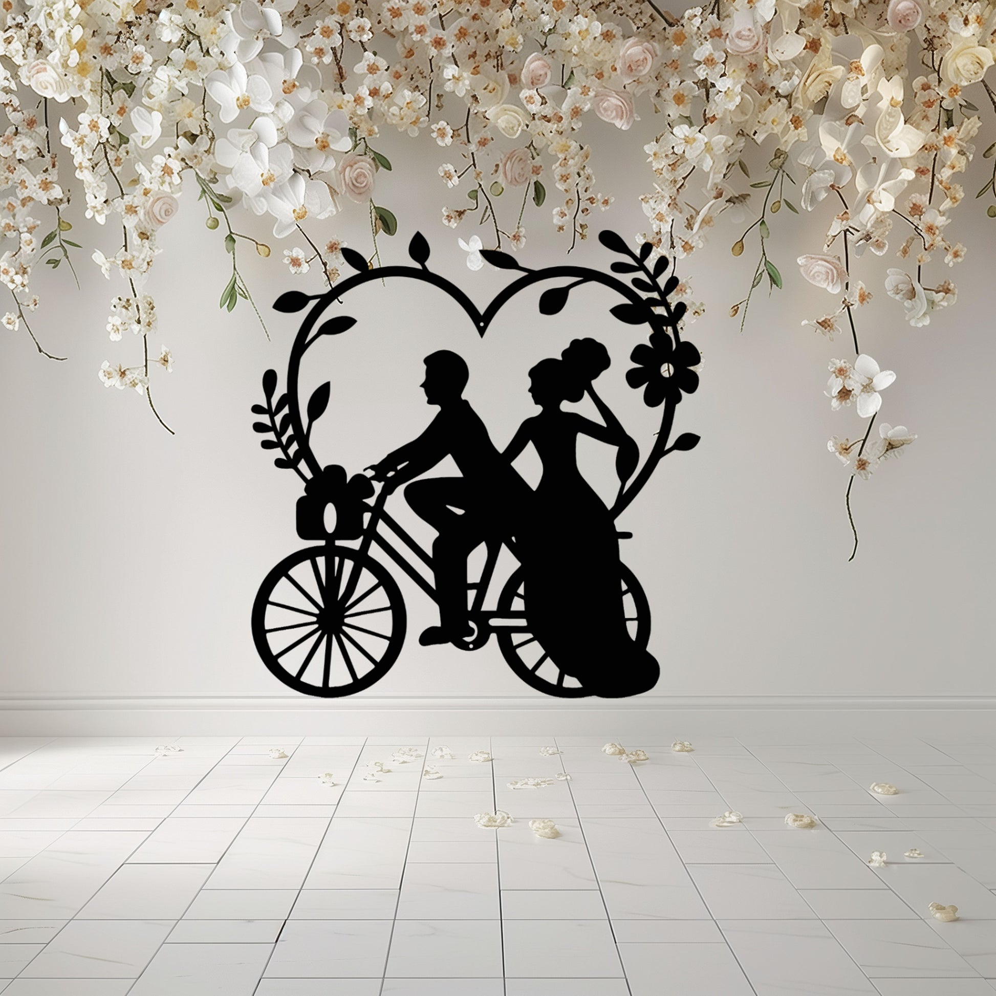 Wedding Heart With Couple On Bicycle Metal Wall Art - MAIKERU STUDIO