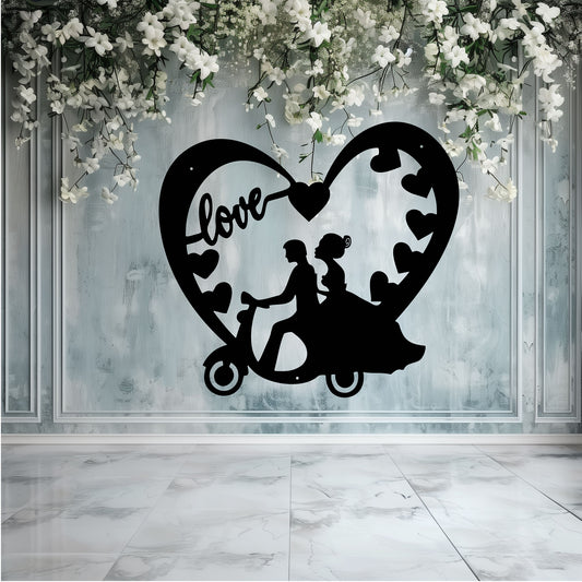 Wedding Heart With Couple On Moped Metal Wall Art - MAIKERU STUDIO