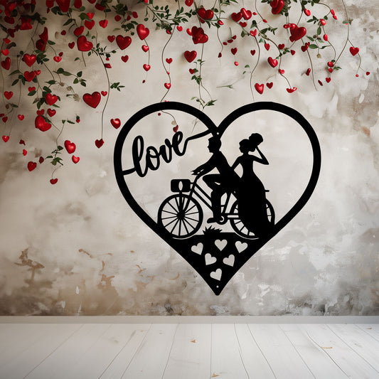 Wedding Love heart With Couple On Bicycle Metal Wall Art - MAIKERU STUDIO