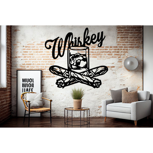 Whiskey With Glass And Cigars Metal Wall Art - MAIKERU STUDIO